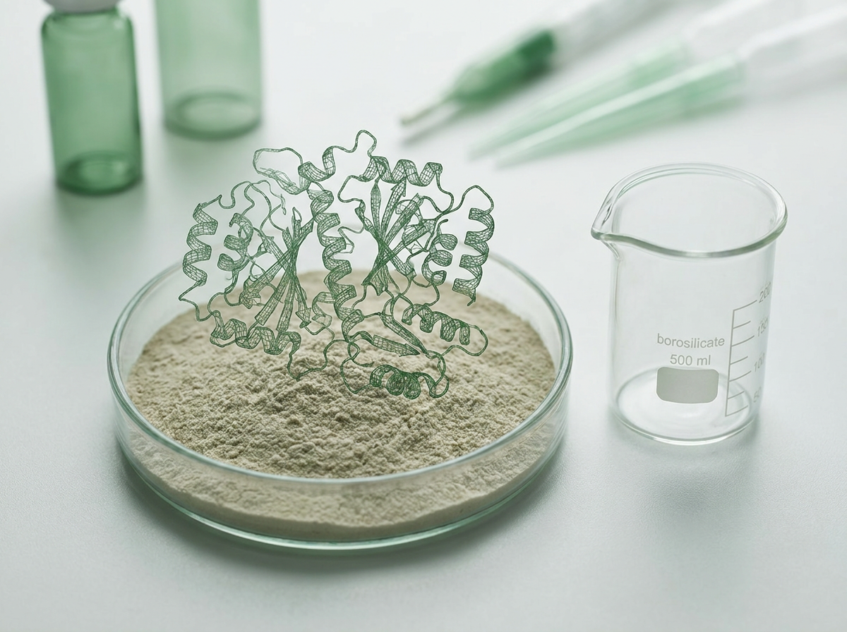 Enzyme powder in a lab petri dish
