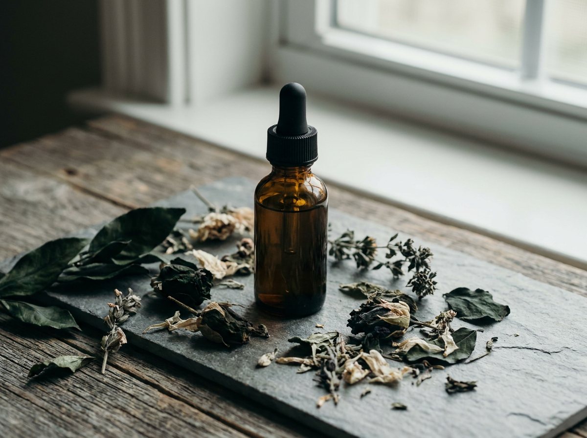 Dried botanical herbs and extract dropper bottle